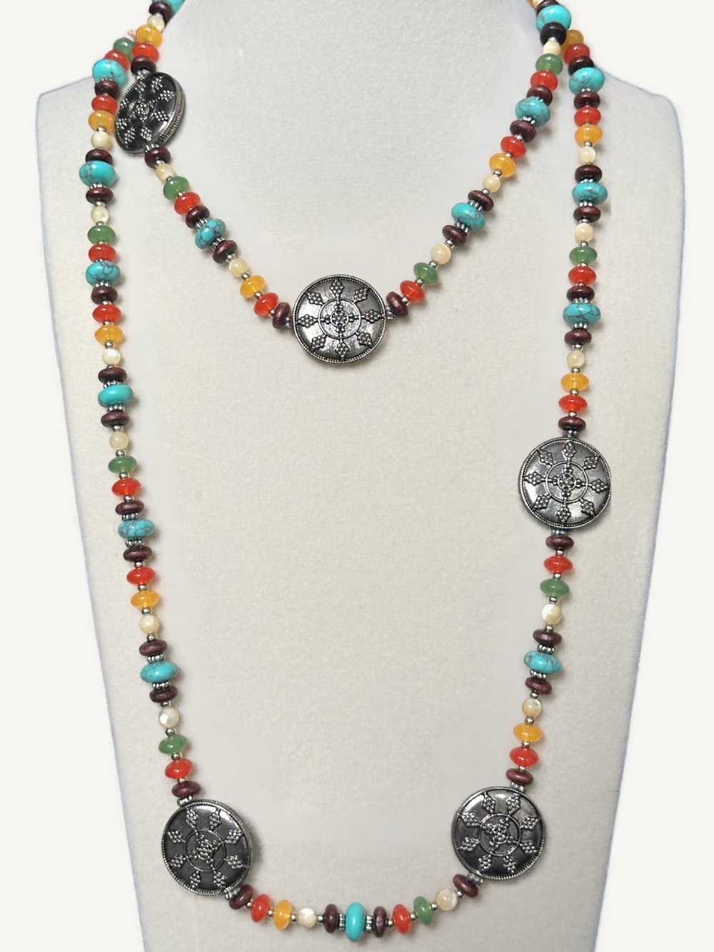 Chaps Ralph Lauren Long Silver Medallion Southwest Stone Beaded Necklace